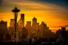 USA-WA-Seattle Dawn on Seattle skyline from Queen Anne Hill with Mt Rainier in the background Art Print